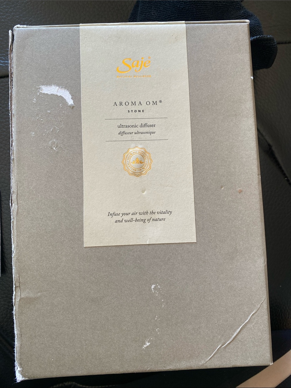Saje Taupe and Cream Aroma Om Stone Diffuser Packaging